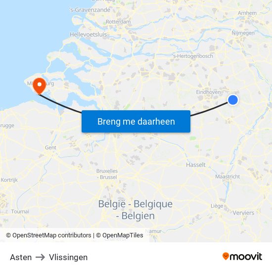 Asten to Vlissingen map