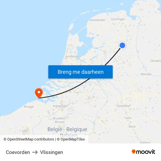 Coevorden to Vlissingen map