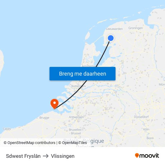 Sdwest Fryslân to Vlissingen map