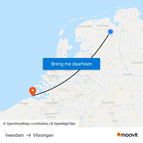 Veendam to Vlissingen map