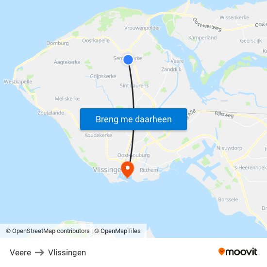 Veere to Vlissingen map