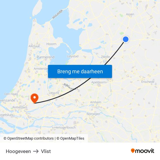 Hoogeveen to Vlist map