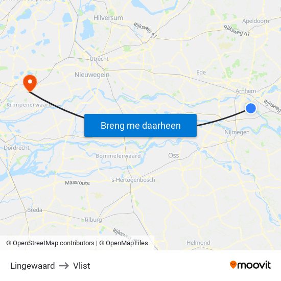 Lingewaard to Vlist map