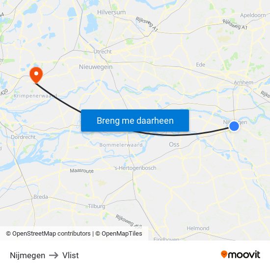 Nijmegen to Vlist map