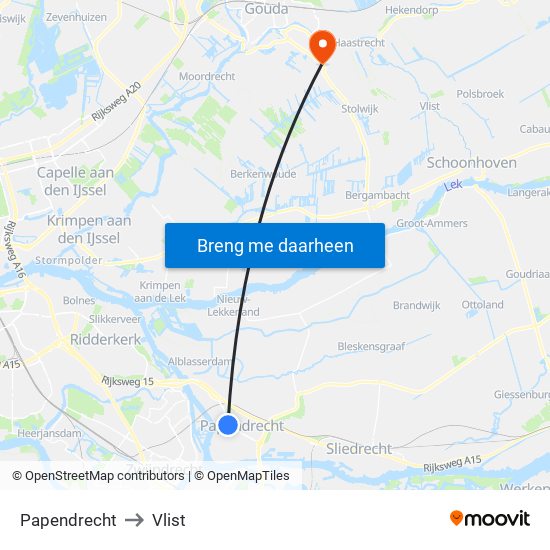 Papendrecht to Vlist map