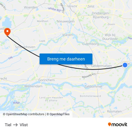 Tiel to Vlist map