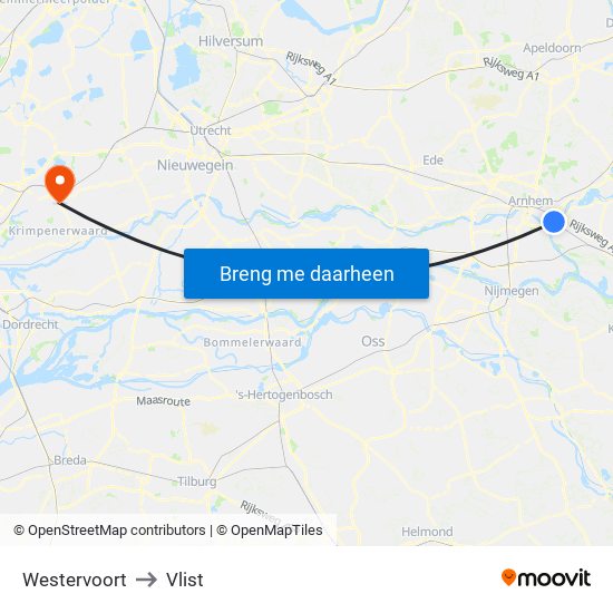 Westervoort to Vlist map