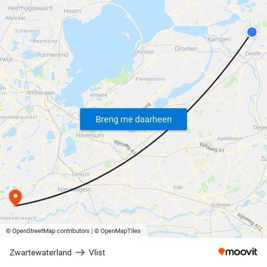 Zwartewaterland to Vlist map