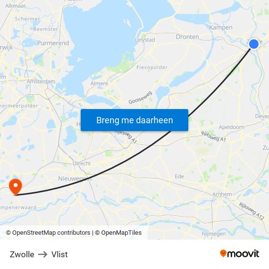 Zwolle to Vlist map