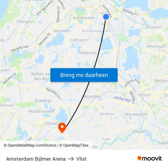 Amsterdam Bijlmer Arena to Vlist map