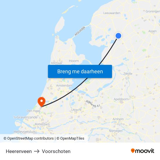 Heerenveen to Voorschoten map