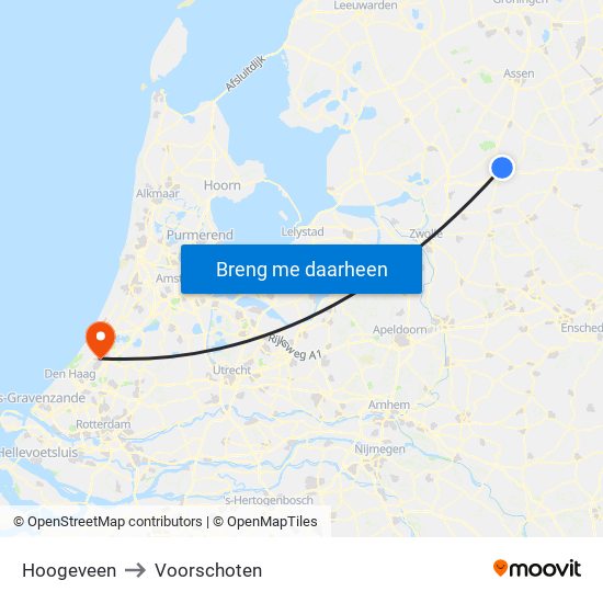 Hoogeveen to Voorschoten map