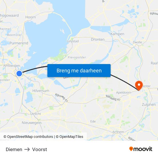 Diemen to Voorst map