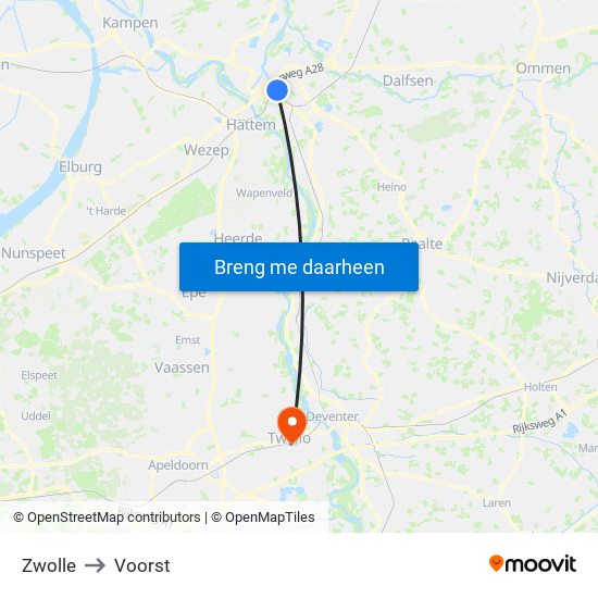 Zwolle to Voorst map