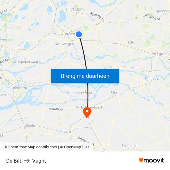 De Bilt to Vught map
