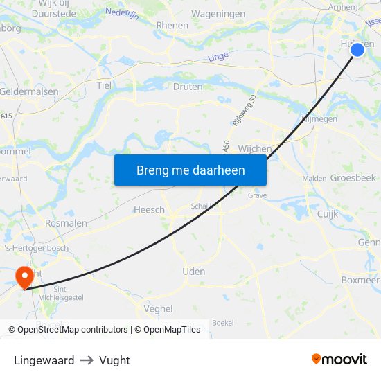 Lingewaard to Vught map