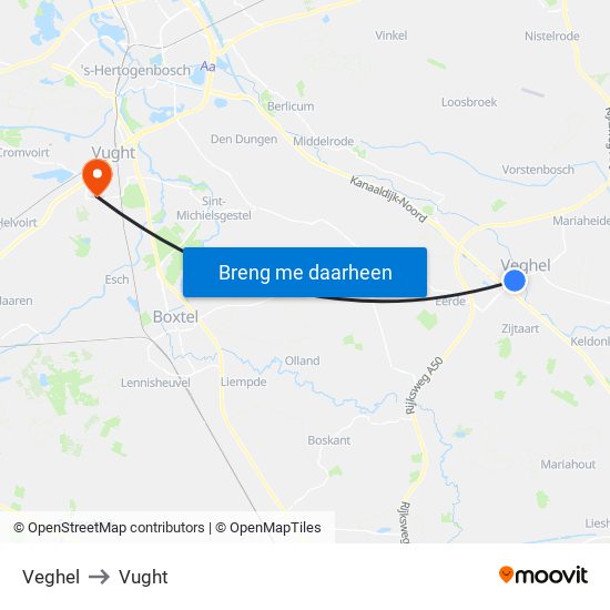 Veghel to Vught map