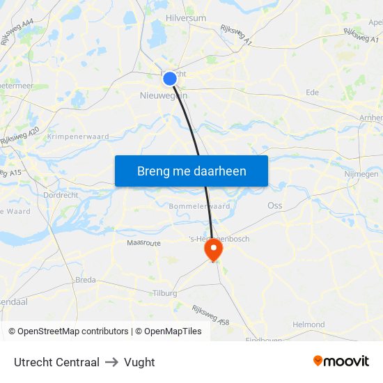 Utrecht Centraal to Vught map