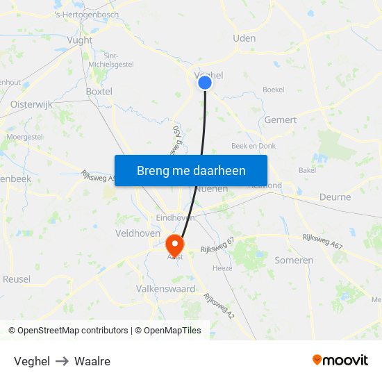 Veghel to Waalre map