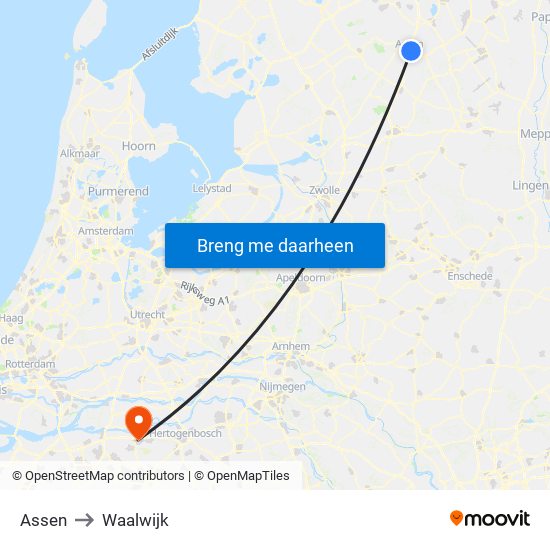 Assen to Waalwijk map