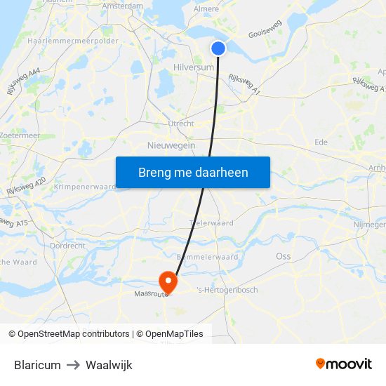 Blaricum to Waalwijk map