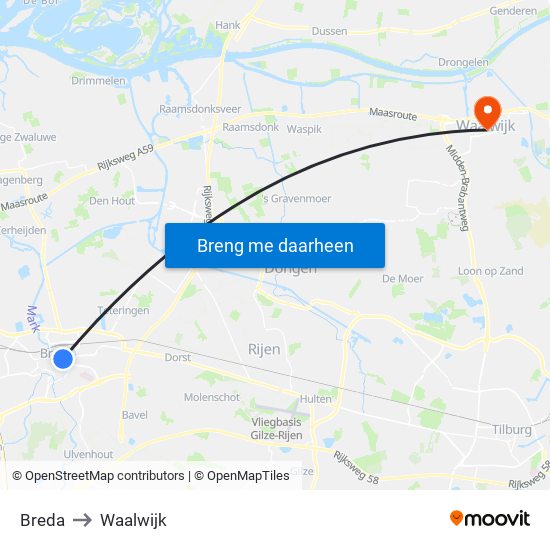 Breda to Waalwijk map