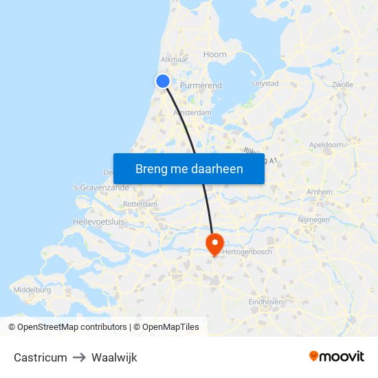 Castricum to Waalwijk map