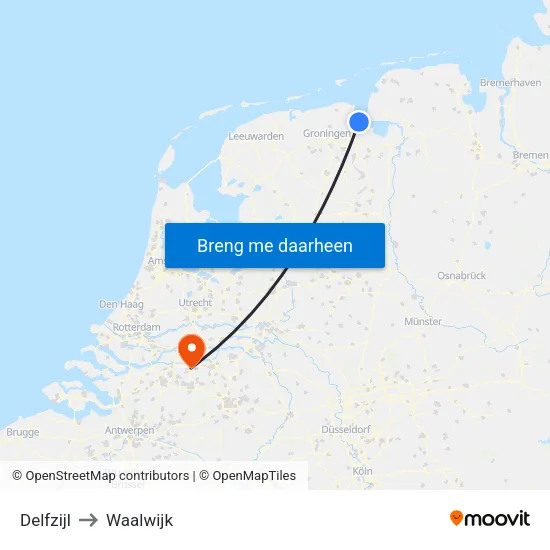Delfzijl to Waalwijk map