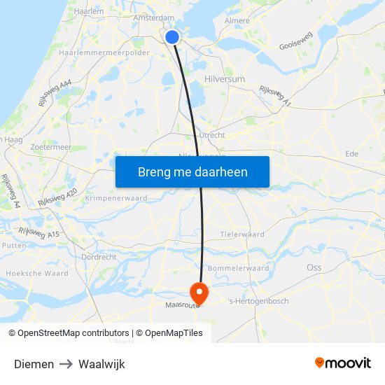 Diemen to Waalwijk map