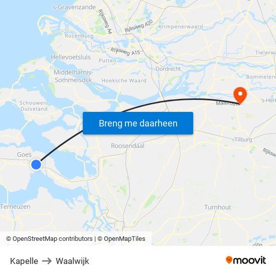 Kapelle to Waalwijk map