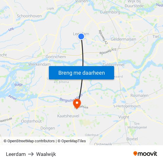 Leerdam to Waalwijk map