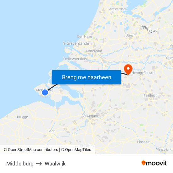 Middelburg to Waalwijk map