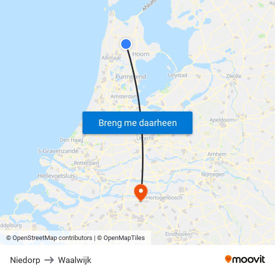 Niedorp to Waalwijk map