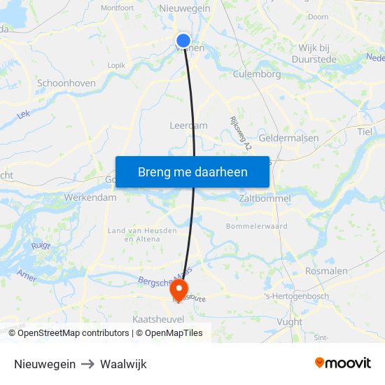 Nieuwegein to Waalwijk map