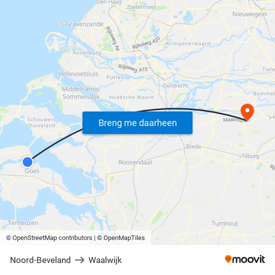 Noord-Beveland to Waalwijk map