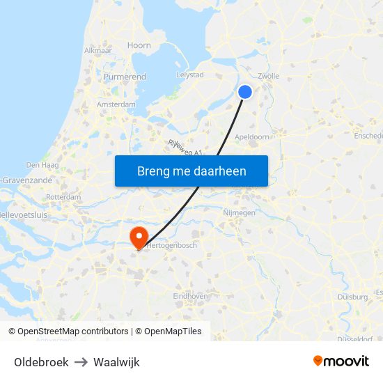 Oldebroek to Waalwijk map