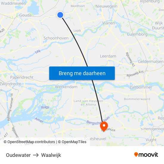 Oudewater to Waalwijk map