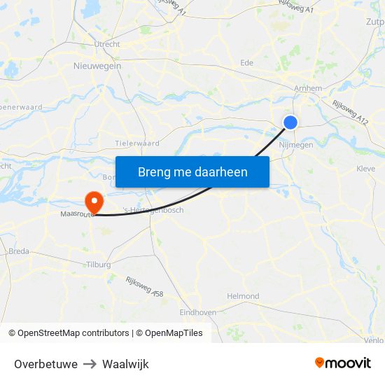 Overbetuwe to Waalwijk map