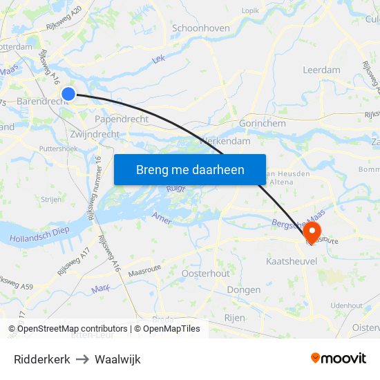 Ridderkerk to Waalwijk map