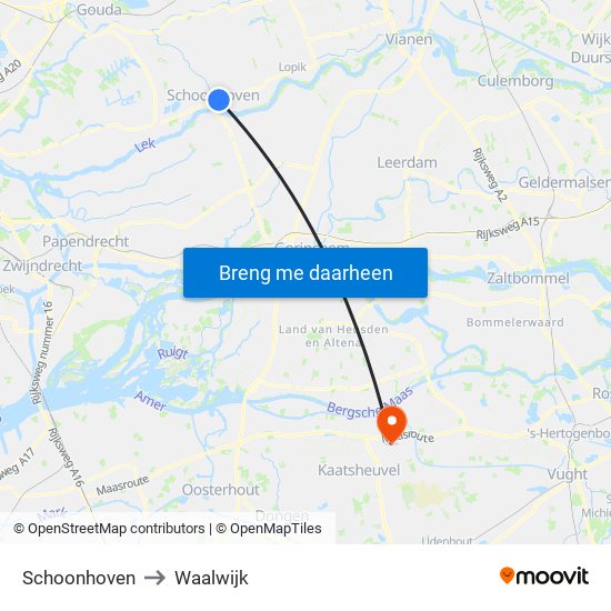 Schoonhoven to Waalwijk map