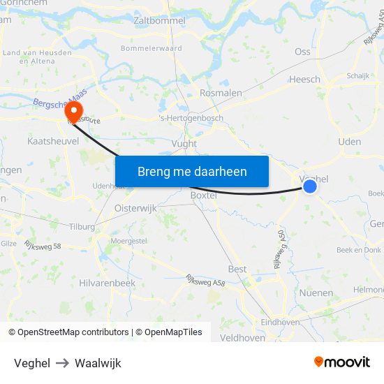 Veghel to Waalwijk map