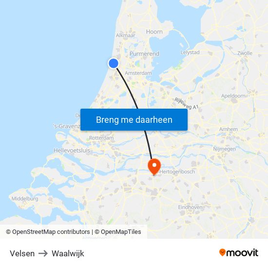 Velsen to Waalwijk map