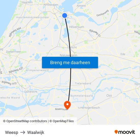 Weesp to Waalwijk map