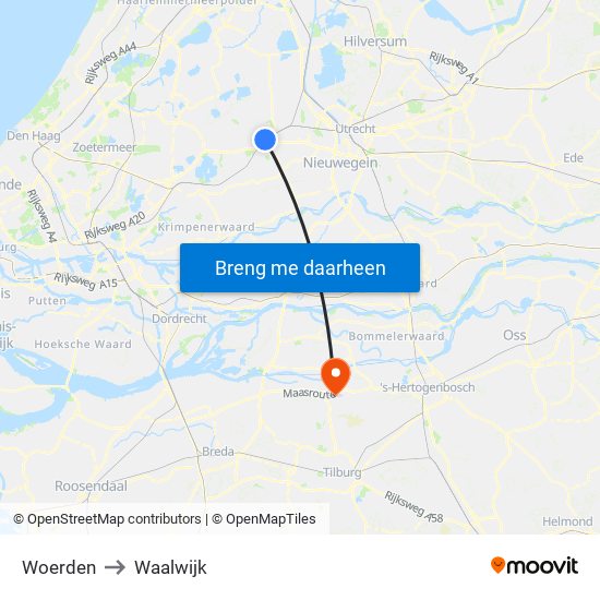 Woerden to Waalwijk map