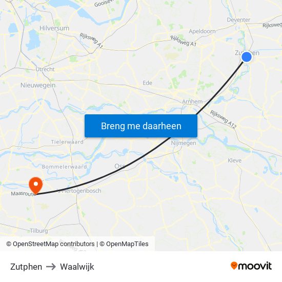 Zutphen to Waalwijk map