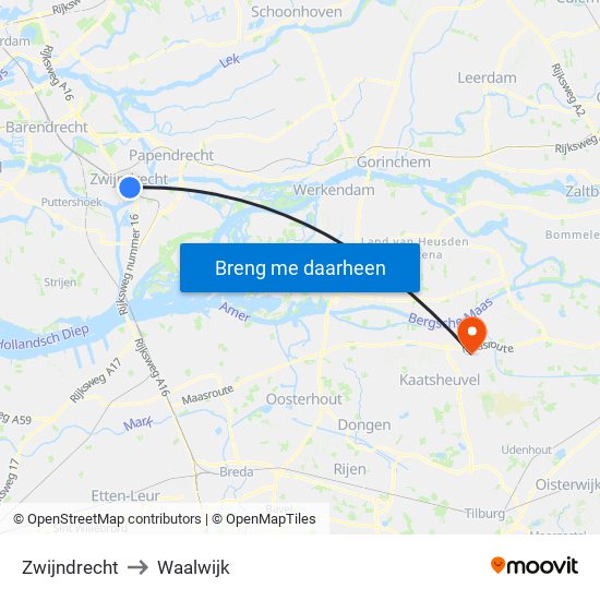 Zwijndrecht to Waalwijk map
