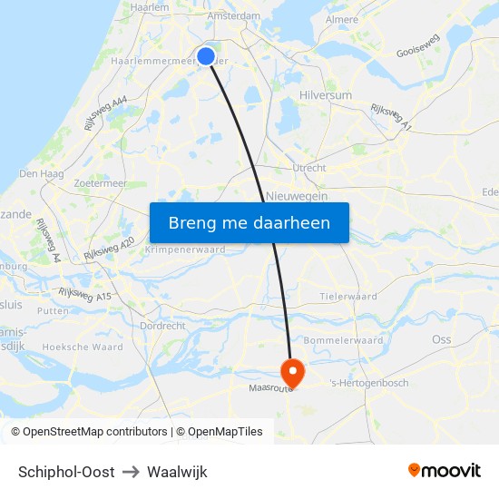 Schiphol-Oost to Waalwijk map