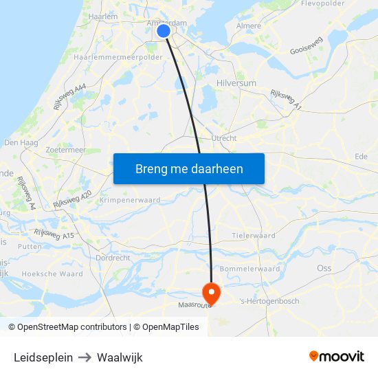 Leidseplein to Waalwijk map