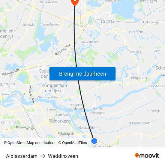 Alblasserdam to Waddinxveen map