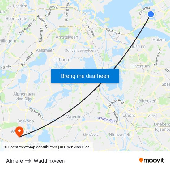 Almere to Waddinxveen map
